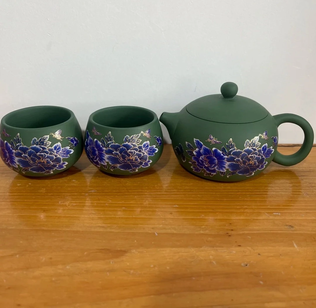 原矿紫砂绿锻牡丹（一壶两杯）紫砂壶茶具泡茶壶蝶恋花茶道蓝色描金