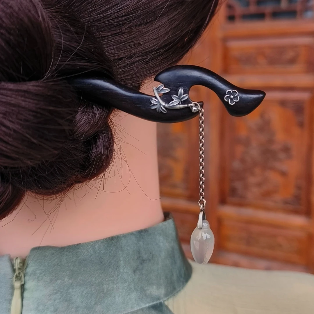 手工黑檀木发簪s925银配件旗袍发饰头饰新中式复古国风竹子步摇