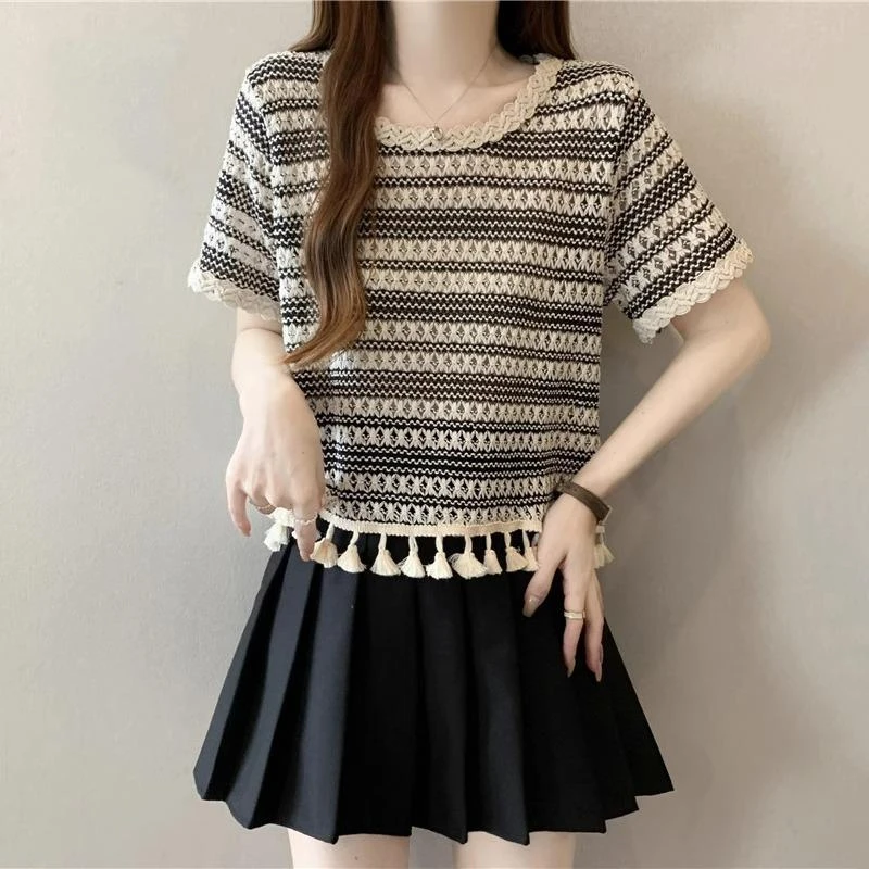 设计感流苏钩花镂空上衣女夏季大码胖条纹短袖恤短款漂亮小衫