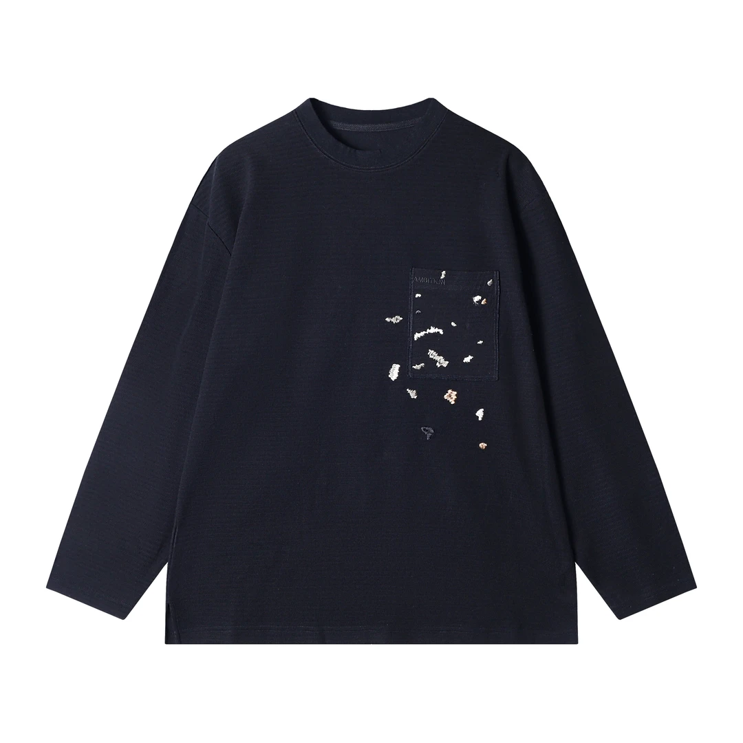 早春新款时尚个性韩版撞色刺绣圆领长袖T恤小众设计轻奢百搭上衣