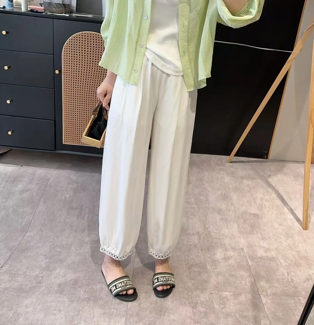 【欧加粒粒】镂空花边灯笼休闲裤宽松显瘦松紧腰纯色九分裤 F25052