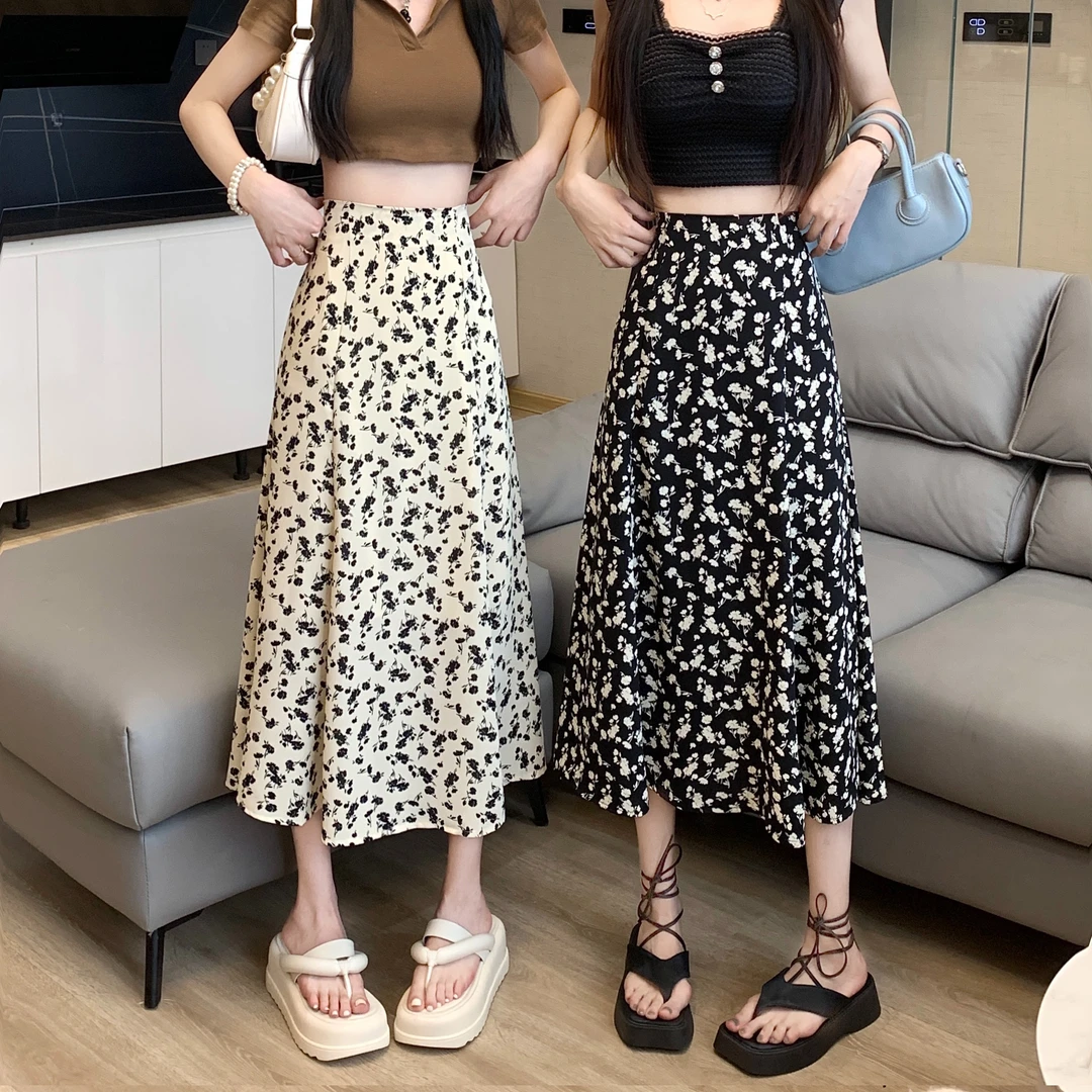 碎花a字半身裙女夏季2025新款韩版高腰显瘦拼接中长款百搭鱼尾裙
