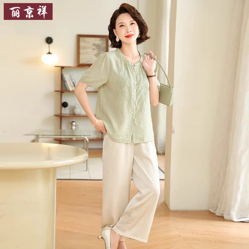 中年妈妈装夏季刺绣减龄小衫套装中老年女士气质新中式短袖两件套