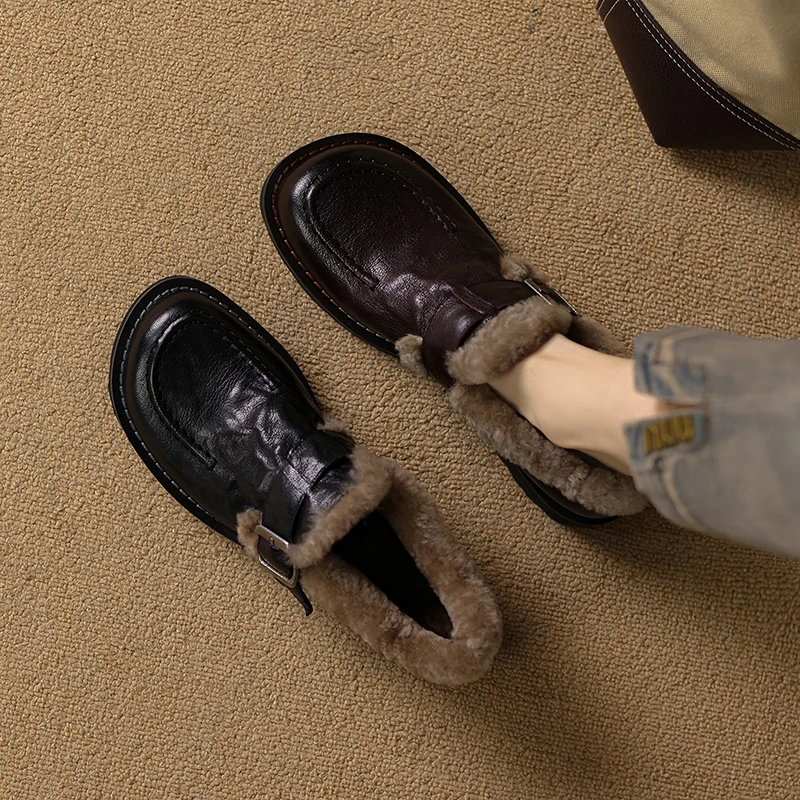 VICEN FIFI4cm羊皮2025新款复古羊羔毛厚底乐福鞋女冬保暖毛毛鞋