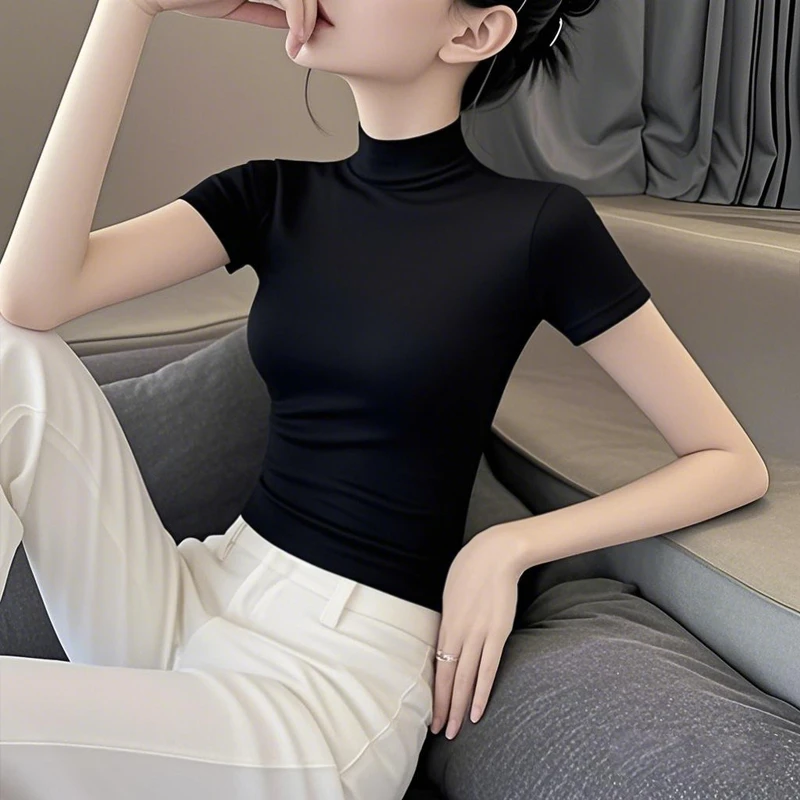 2025新款黑色半高领短袖T恤女正肩修身外穿小众上衣潮