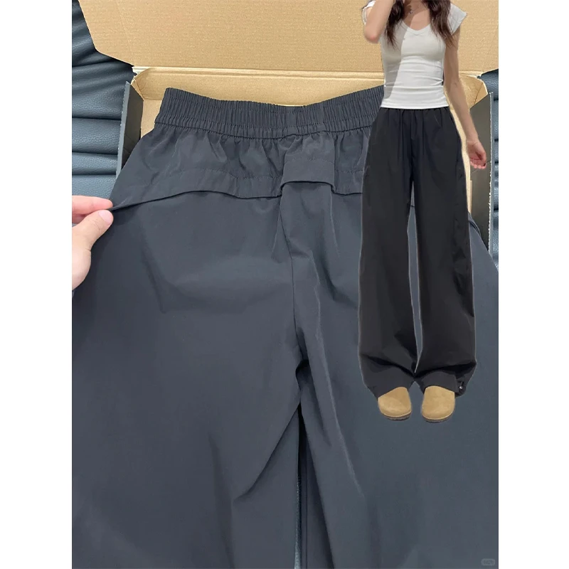 黑色速干工装裤女夏季薄款高腰垂感显瘦阔腿裤宽松休闲美式运动裤