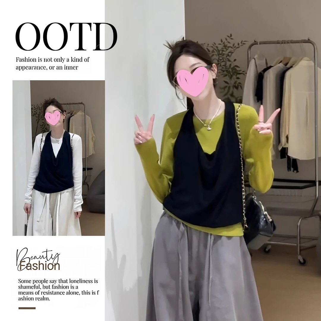 韩系慵懒风穿搭女秋季新款设计感小众真两件吊带背心上衣两件套装