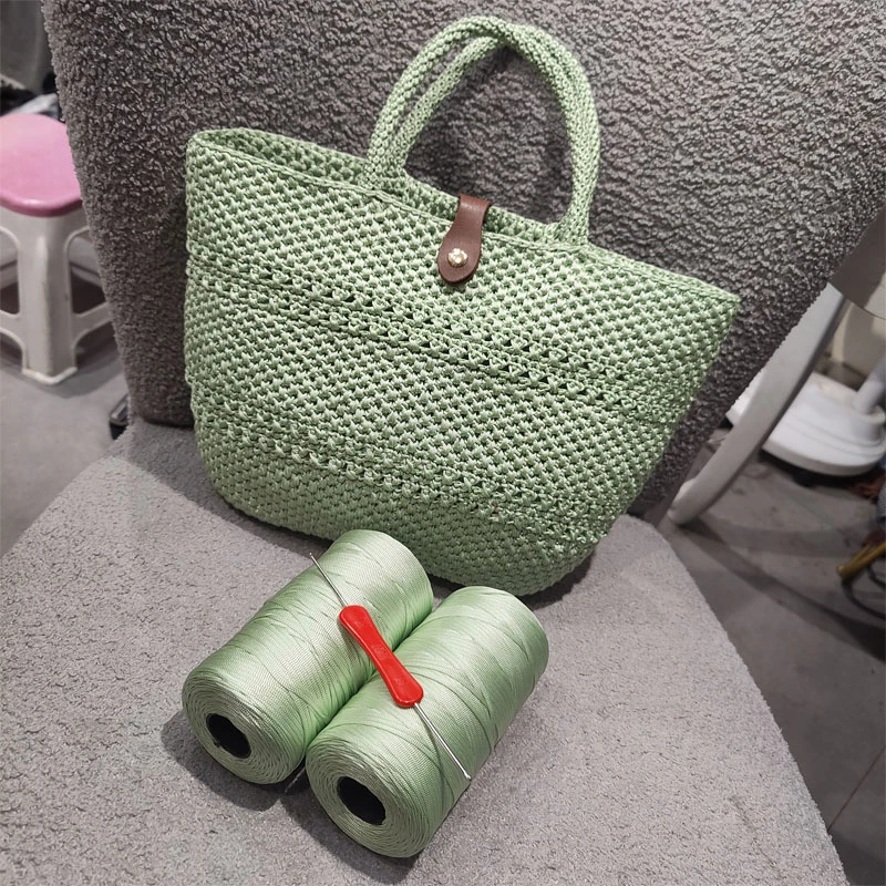 钩针包包绿色手拎包材料包冰丝扁带线两卷送工具有教程