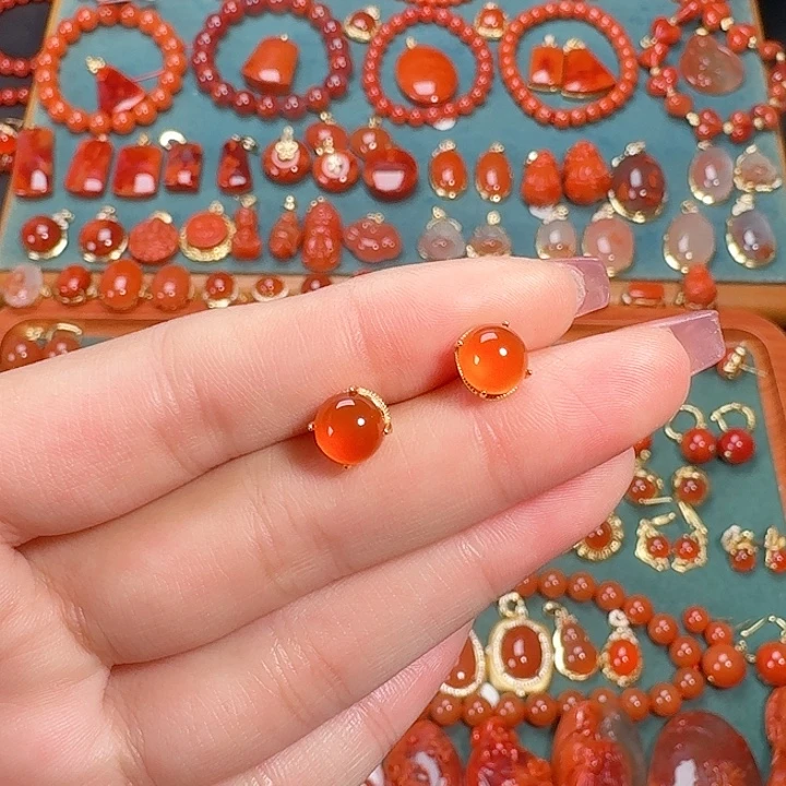 南红玛瑙银S925镶嵌耳饰7+冰红南红