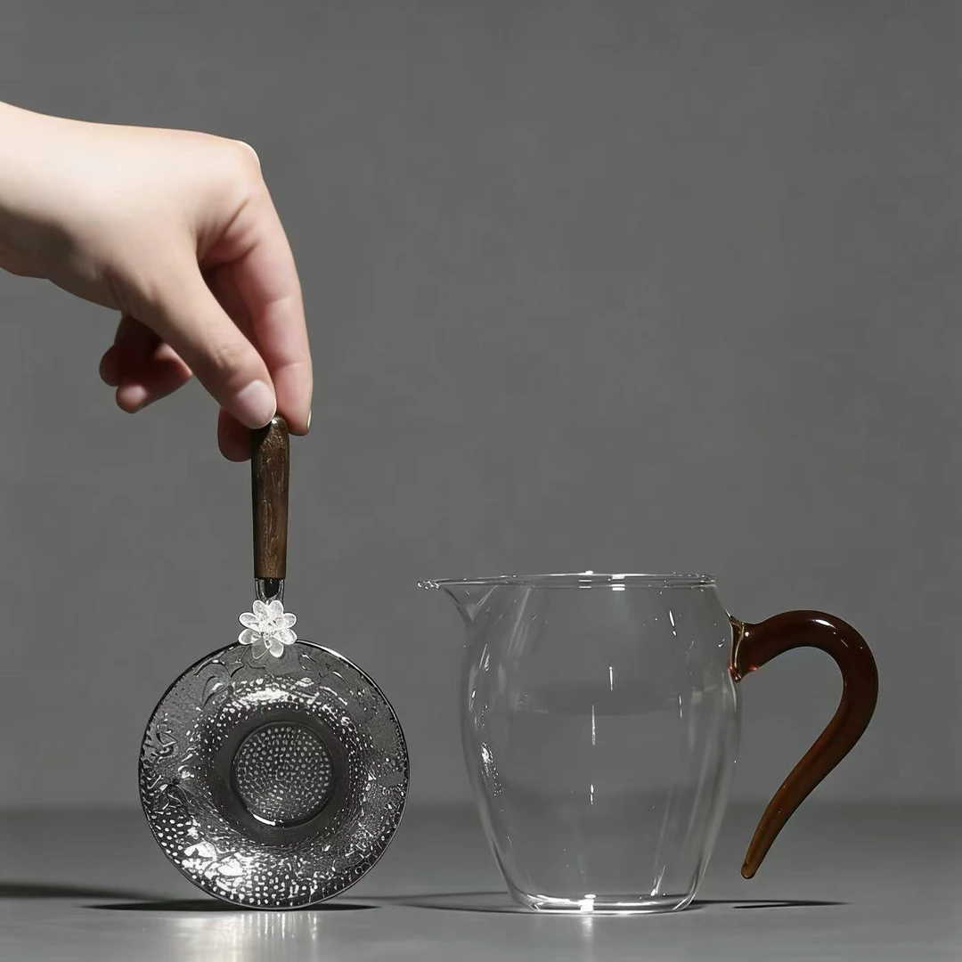 玲珑玻璃公道杯（琥珀色）黄把+合金檀木茶漏1710