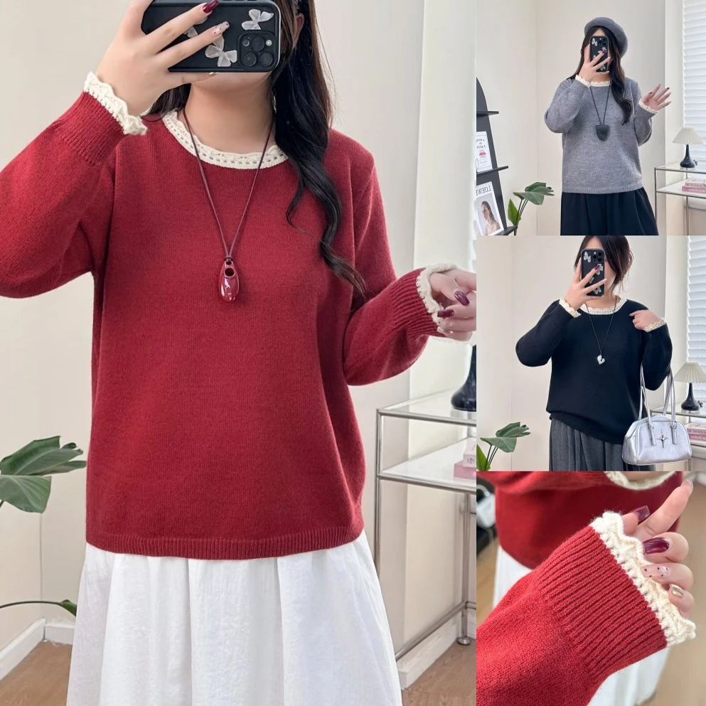 大码胖mm2025冬季甜美温柔风花边圆领撞色针织衫女显瘦打底衫529