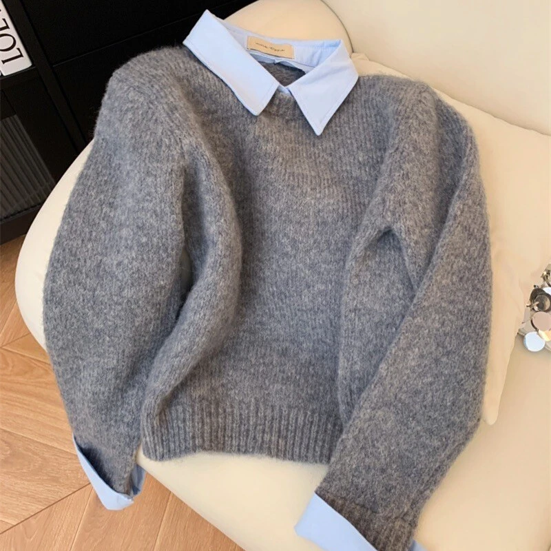 假两件衬衫领毛衣女春秋装新款内搭慵懒风撞色翻领灰色针织衫上衣