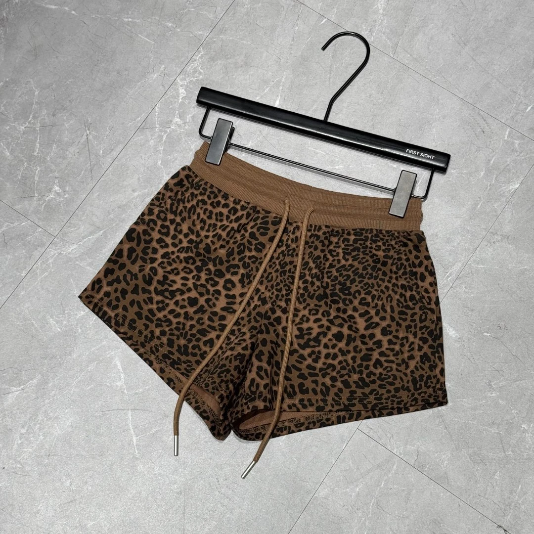 米SU【豹纹松紧腰抽绳阔腿短裤 】2025夏季显瘦A字显腿长短裤小个子