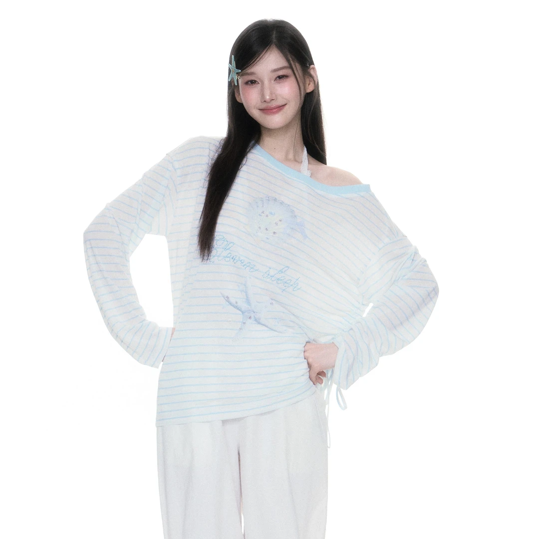 2025年夏季新款条纹罩衫长袖宽松显瘦t恤女韩系百搭防晒斜肩上衣