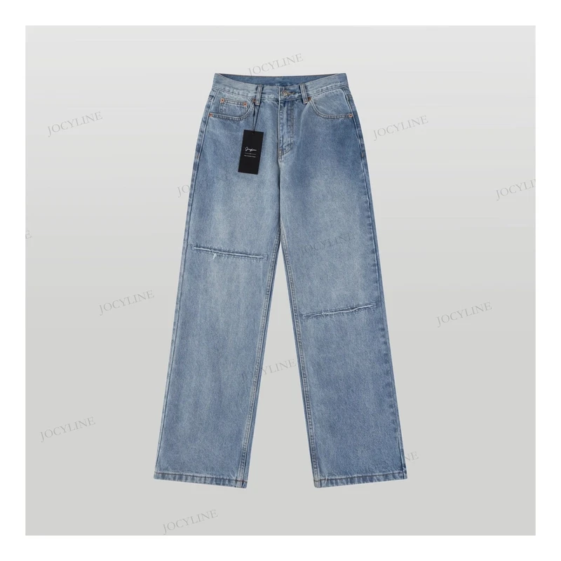 25春夏马拉刀割破坏水洗蓝牛直筒宽松百搭时尚休闲破洞牛仔裤