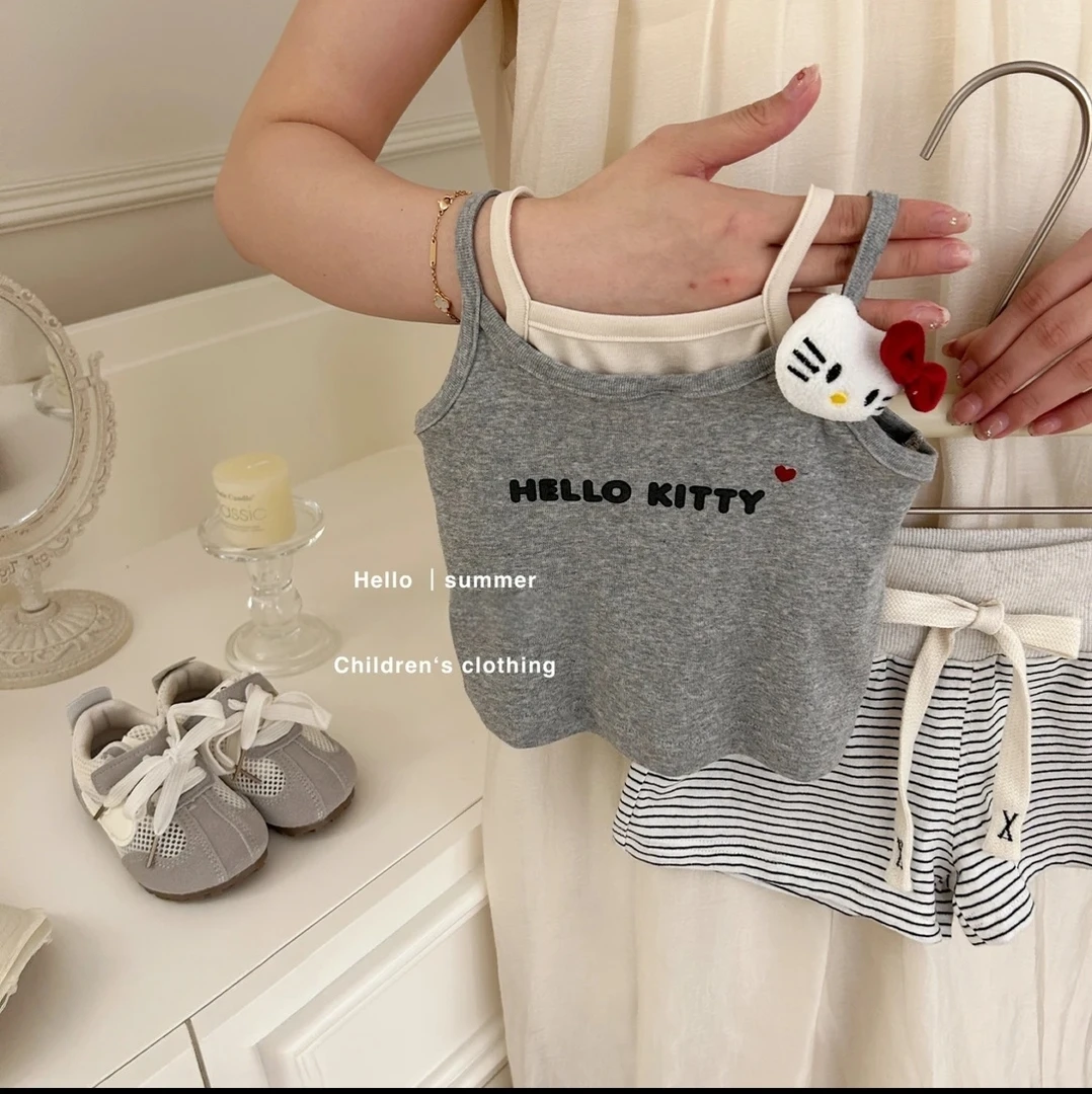 女童夏季套装宝宝卡通吊带背心条纹短裤两件套