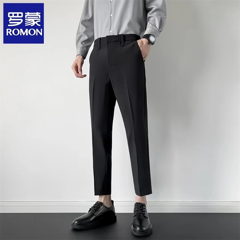 Romon/罗蒙轻熟风百搭男士修身裤子韩版直筒长裤垂感九分休闲裤潮