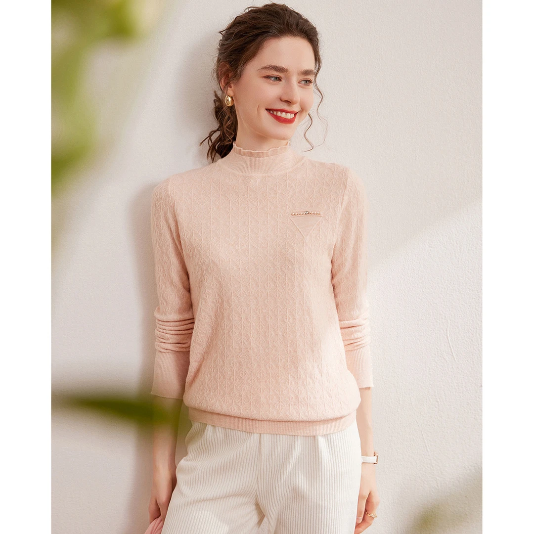 白鹿语｜【花边半高领针织衫】春秋款时尚通勤微弹肌理感长袖女式