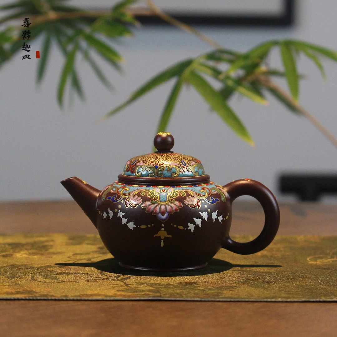 喜器 手工错金银珐琅彩工艺水平壶 约110cc 潮州手拉壶林海奇紫泥