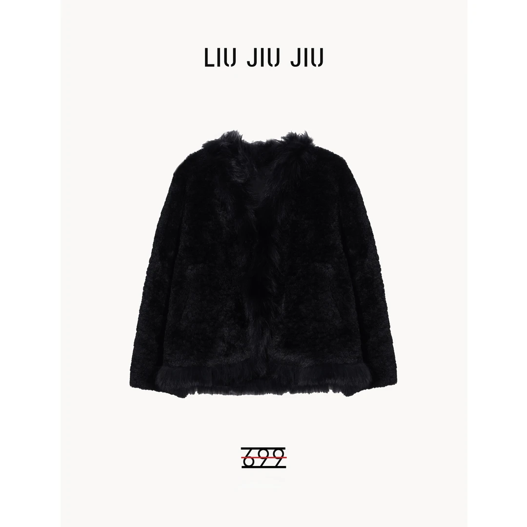 LIUJIUJIU 欧货复古高端千金风狐狸毛边短款毛毛拼接外套WT5662L