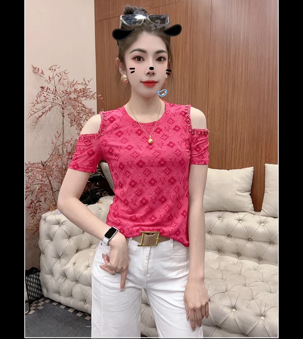 月月家，夏季百搭洋气时尚显瘦气质露肩款网纱上衣6081