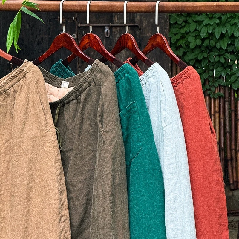 砂洗亚麻高温成衣水洗直筒裤阔腿棉裤宽松加肥松紧腰休闲系带长裤