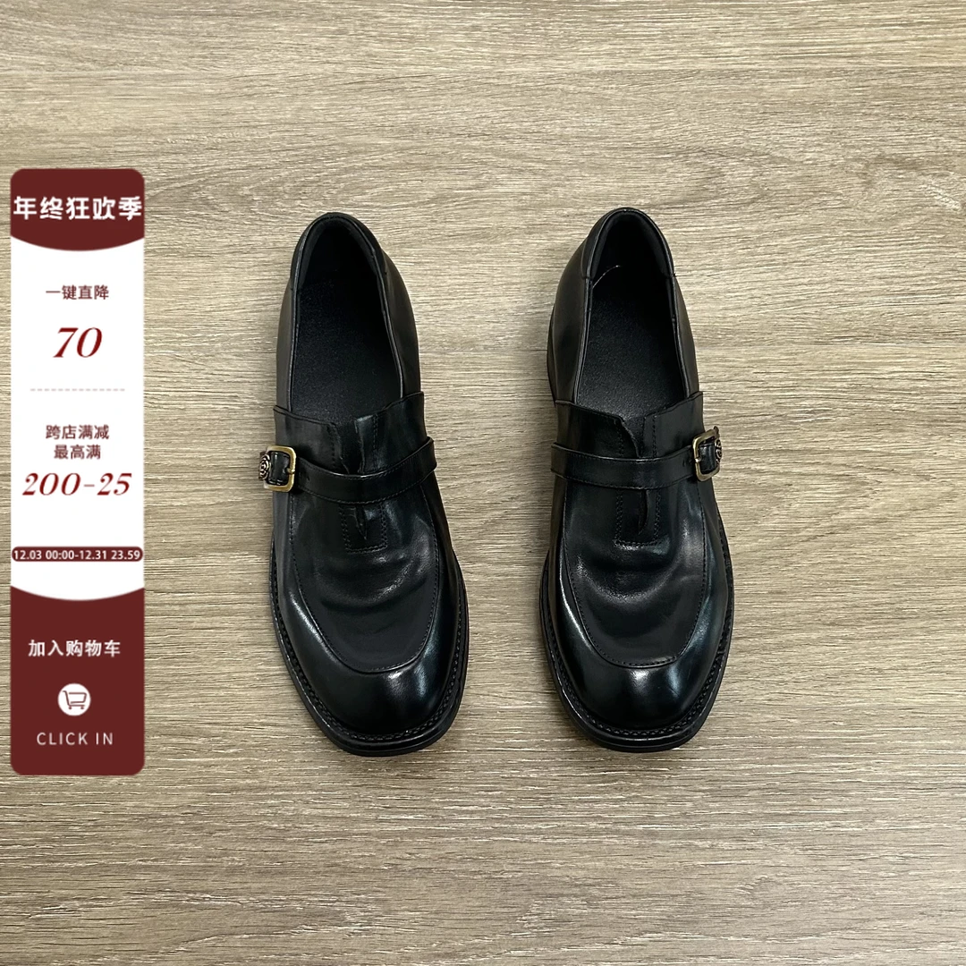 Dannyfrey法式复古皮带扣乐福鞋女粗跟小皮鞋中跟女舒适通勤单鞋