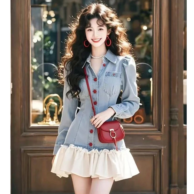 法式设计感拼接牛仔连衣裙女2025春季新款收腰显瘦短裙子时尚女装