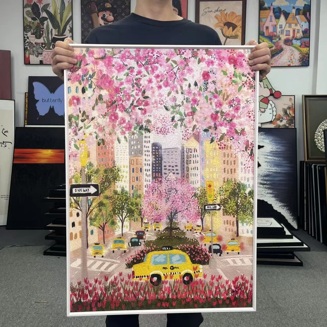 现代多彩城市餐厅沙发背景砂岩高级感客厅沙发背景墙装饰画5070