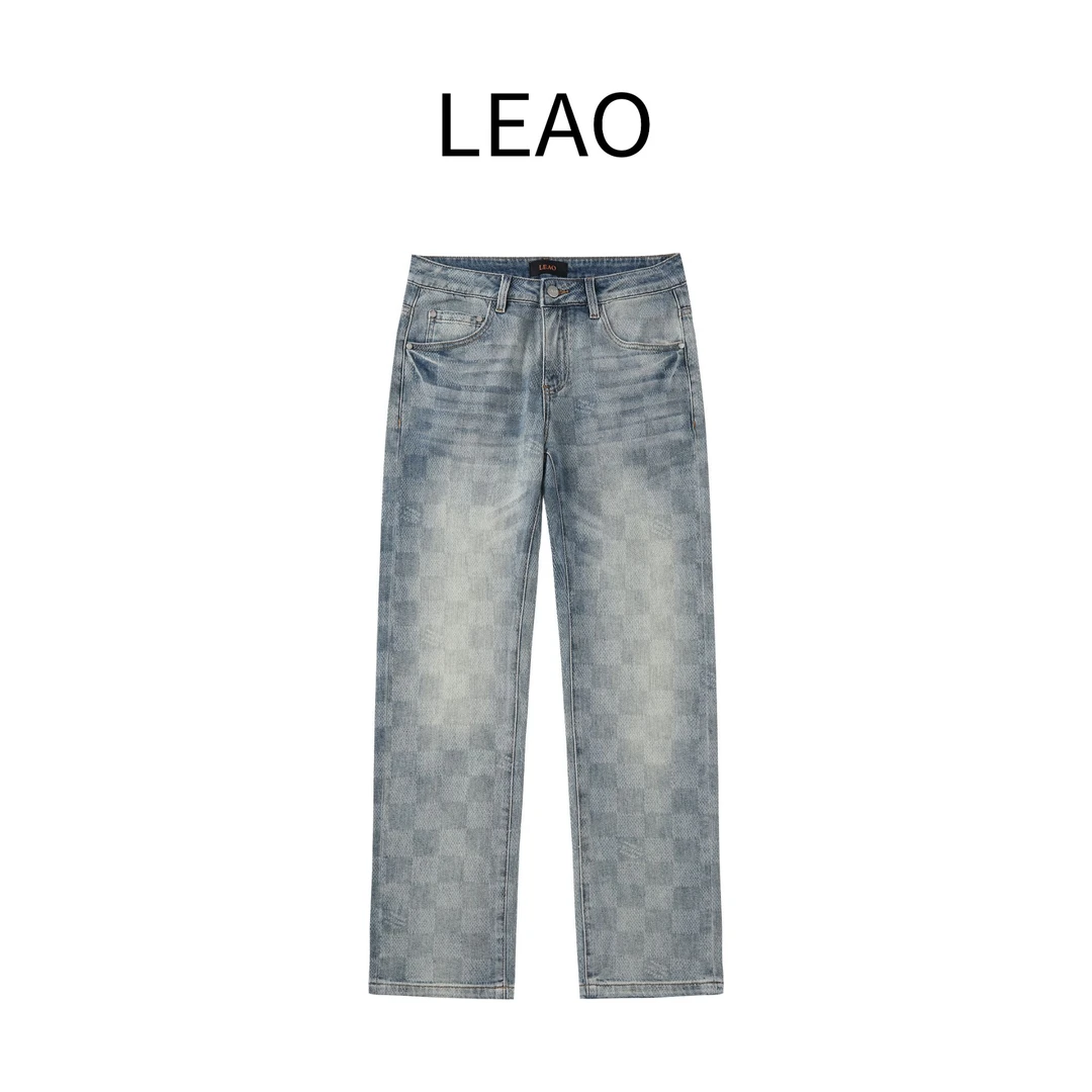 LEAO 012直筒男士休闲复古破洞水洗做旧高街宽松牛仔裤