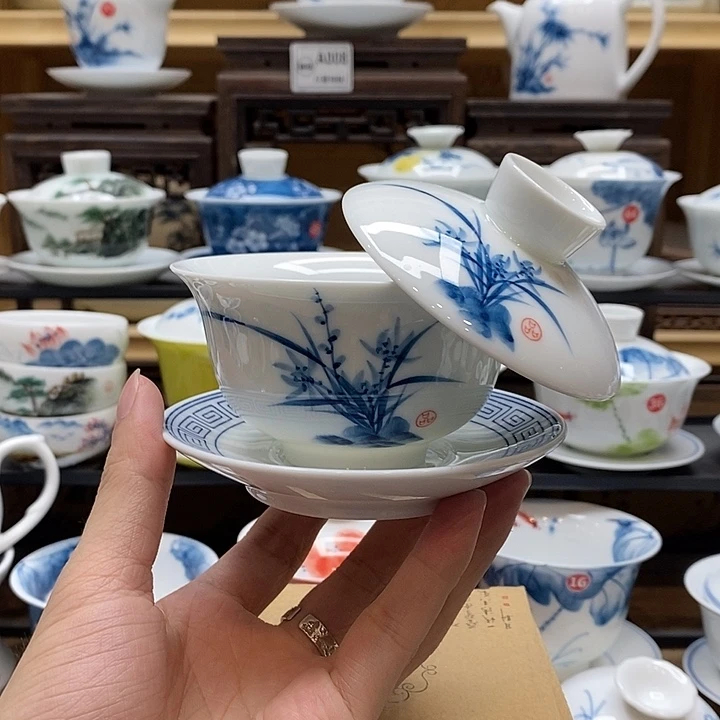 手绘兰花盖碗悬停150cc釉下彩微瑕福利款