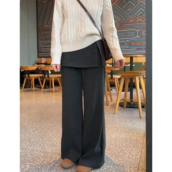 深灰色加绒屁帘休闲裤女秋冬胖mm高腰显瘦宽松垂感百搭直筒阔腿裤
