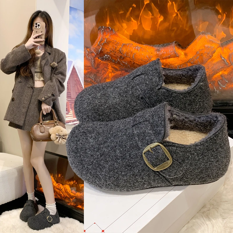 巨好看厚底增高灰色加绒呢子勃肯鞋女2025冬季新款豆豆鞋博肯棉鞋