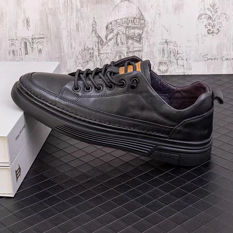 6163-1春秋2025头层牛皮黑色休闲皮鞋男士套脚舒适透气板鞋潮A6