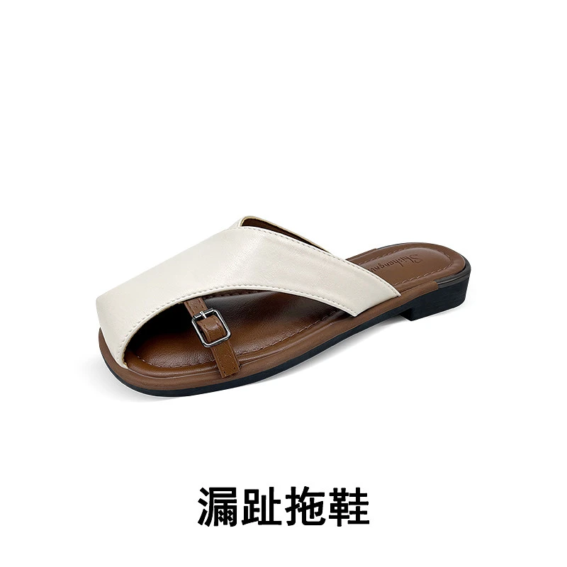 【漏趾拖鞋】夏季时尚百搭平底包头跟休闲风透气凉拖皮拖鞋-8811