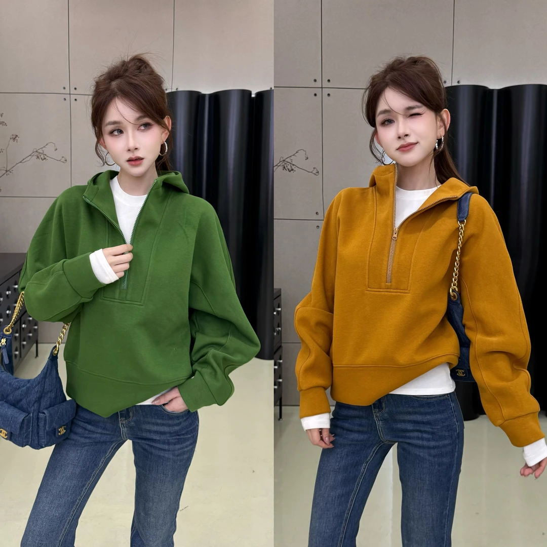 【邂逅慵懒】半拉链宽松高级感内加银狐绒加厚连帽上衣加绒韩版秋冬