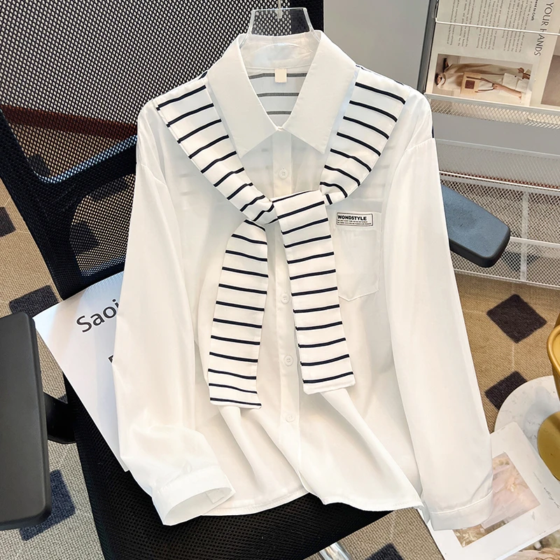 2025年新款秋季时尚假两件拼接条纹披肩衬衫女装洋气百搭长袖上衣