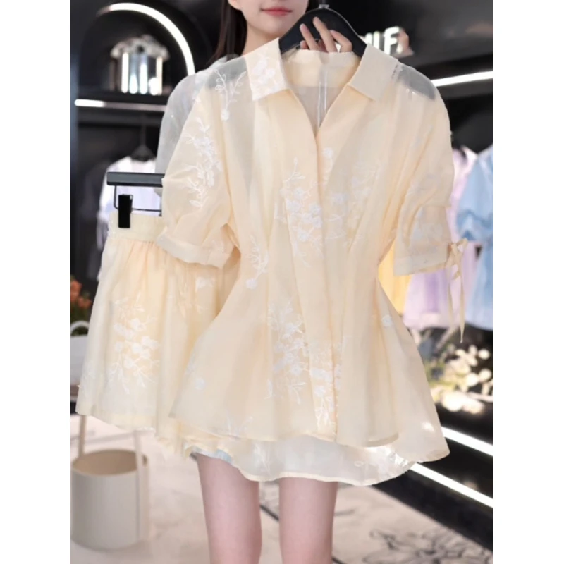 法式肌理感领衬衫套装短袖上衣气质收腰显瘦女装旅游出街衣服夏季