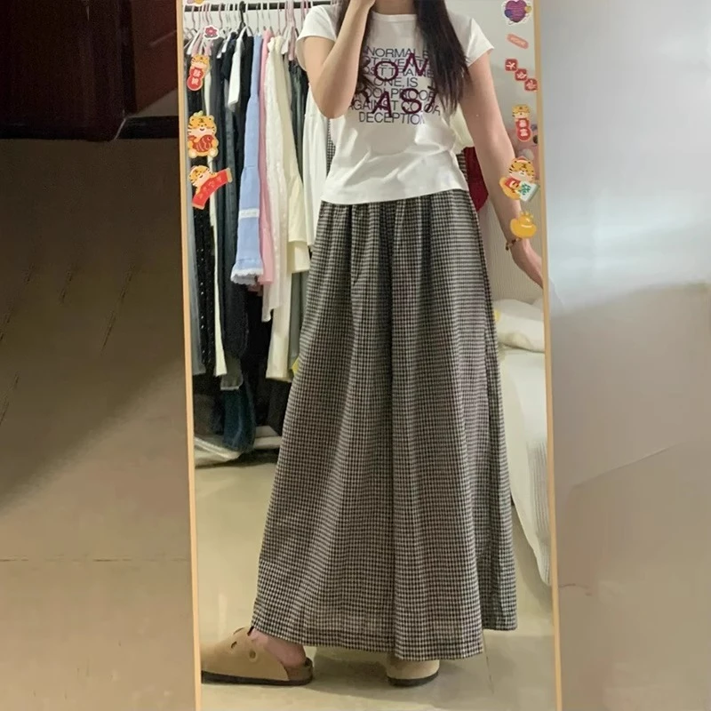 慵懒风格子裙裤女夏季新款小个子遮胯显瘦梨型身材宽松九分阔腿裤