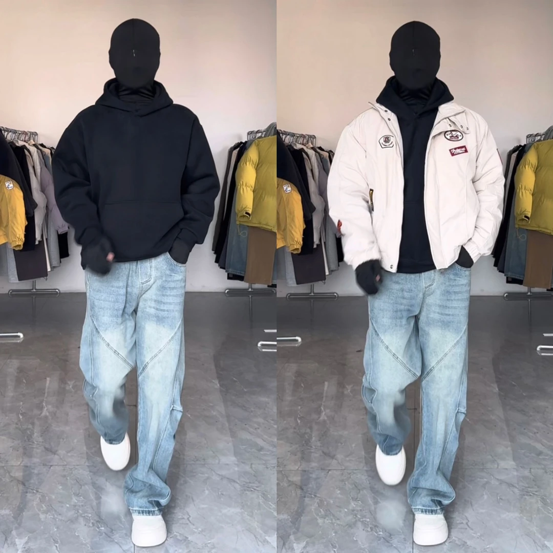 方向的向450g重磅连帽卫衣+工装弯刀牛仔裤+飞行员夹克棉衣男套装