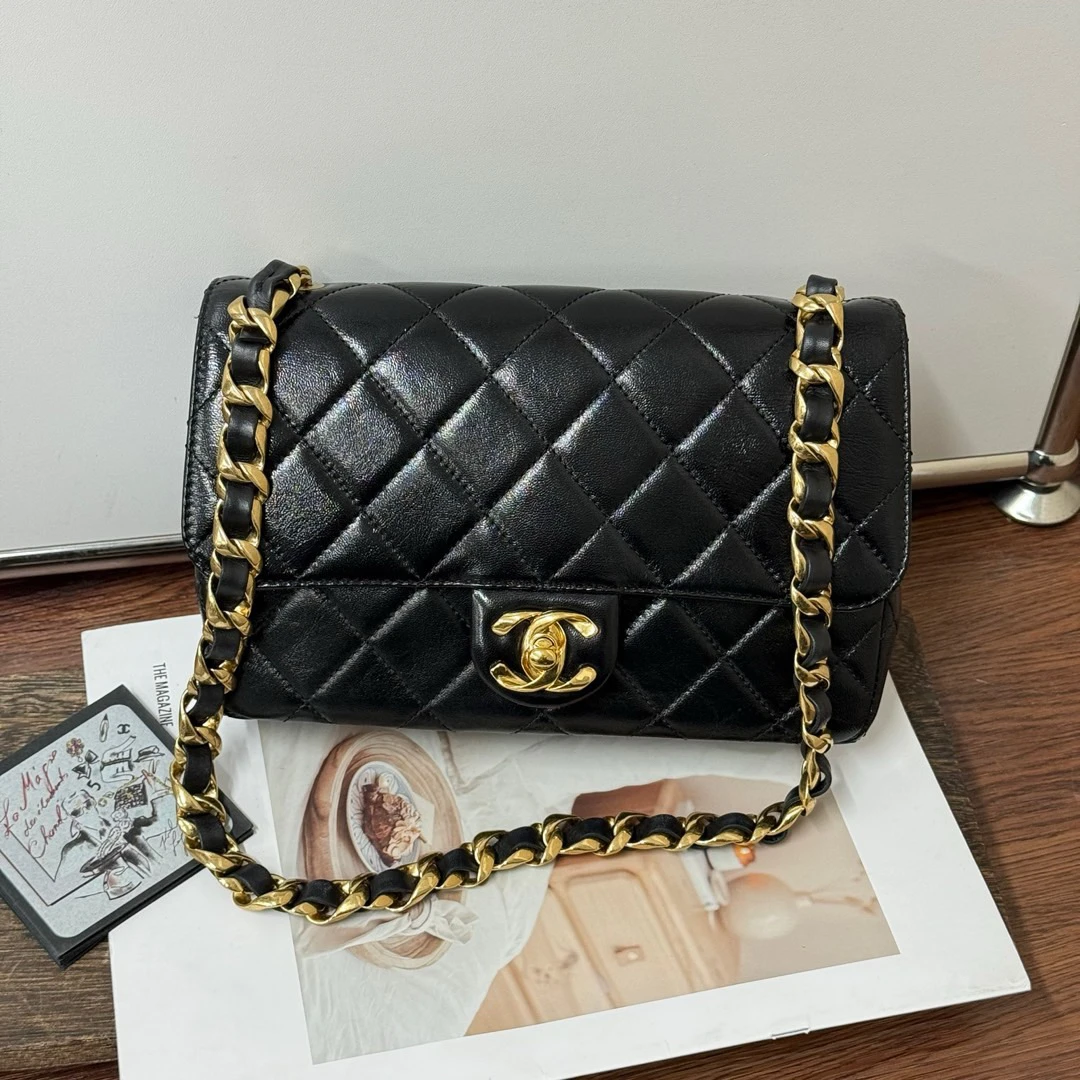 95新 Chanel/香奈儿 黑金 油蜡羊皮 cf粗链条腋下包/601377607