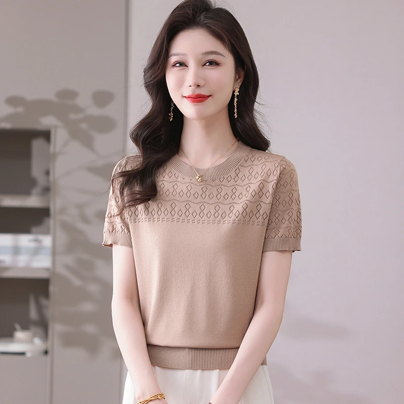 【莱赛尔】2025新款圆领时尚短袖针织衫纯色百搭清凉薄款洋气女上衣