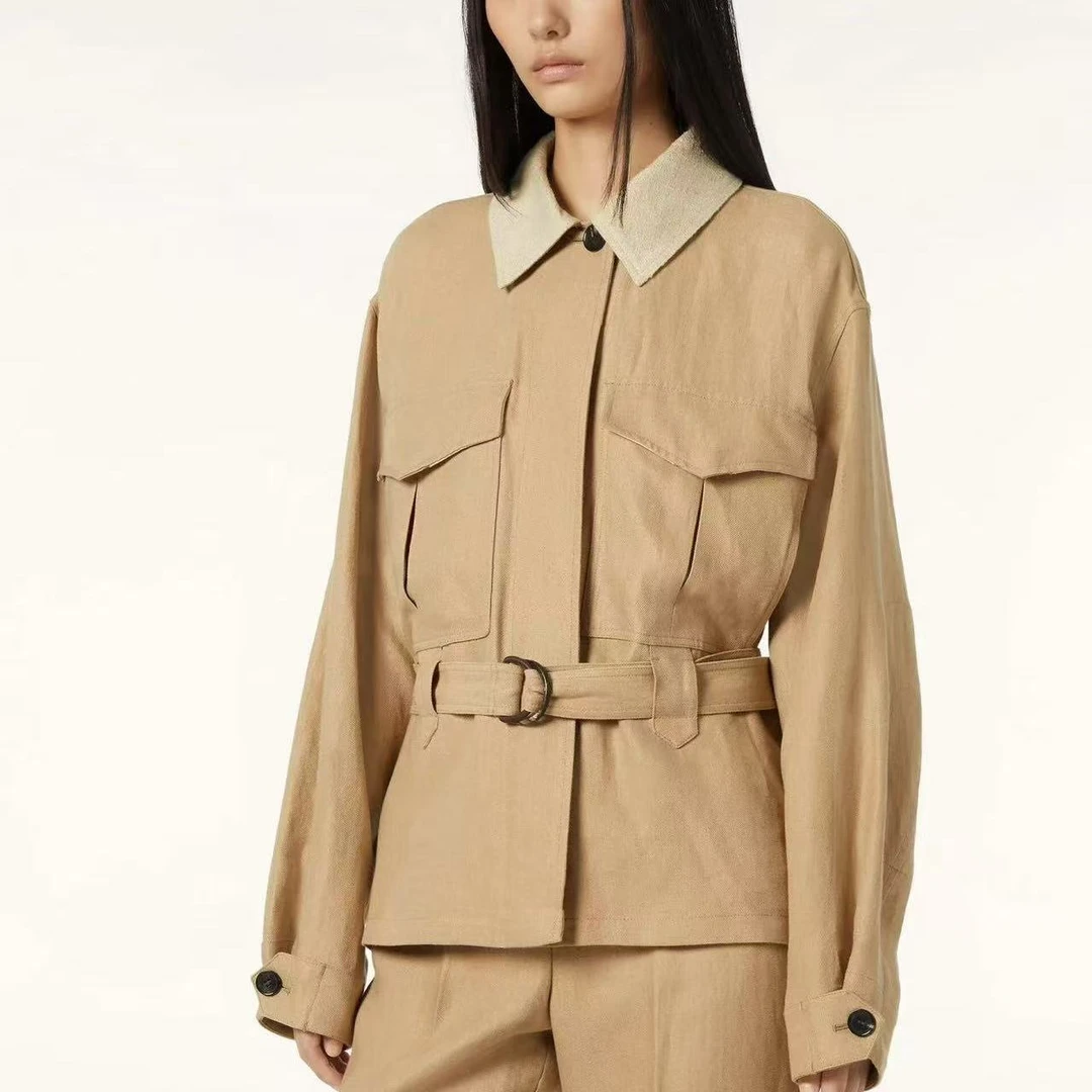 秋冬新品2025女装时尚高级感工装亚麻外套休闲收腰系带工装大衣