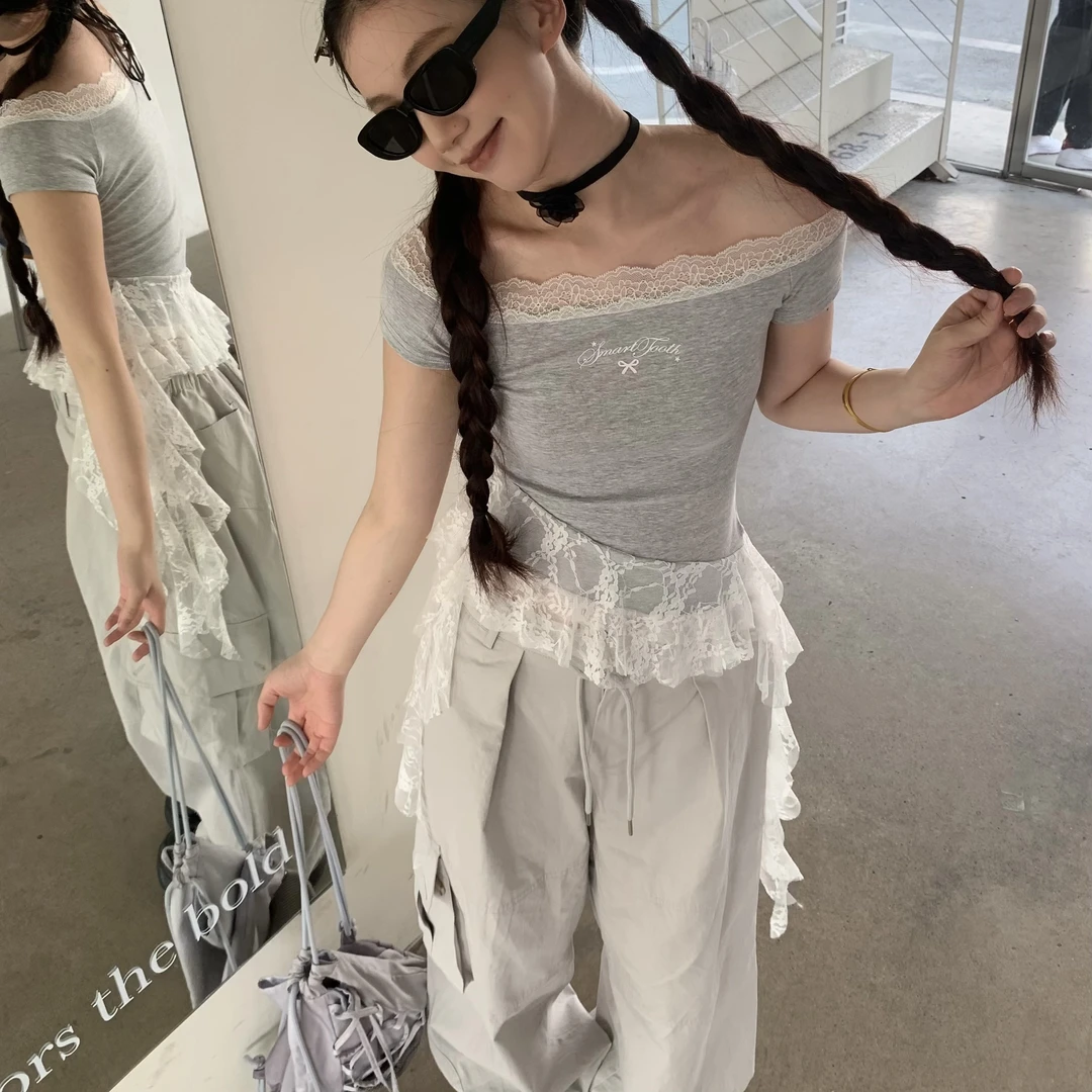 am布丁 美式辣妹蕾丝飘带一字肩t恤女夏季设计感显瘦修身短款上衣