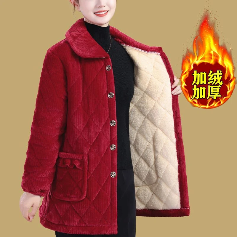 冬季新款妈妈棉袄女加绒加厚罩衣中老年棉衣大码保暖棉服外套百搭