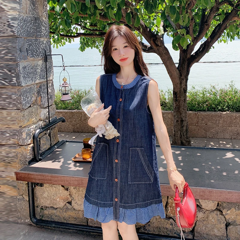 深蓝色牛仔拼接连衣裙女2025年显瘦新款小个子绝美学院风减龄套装