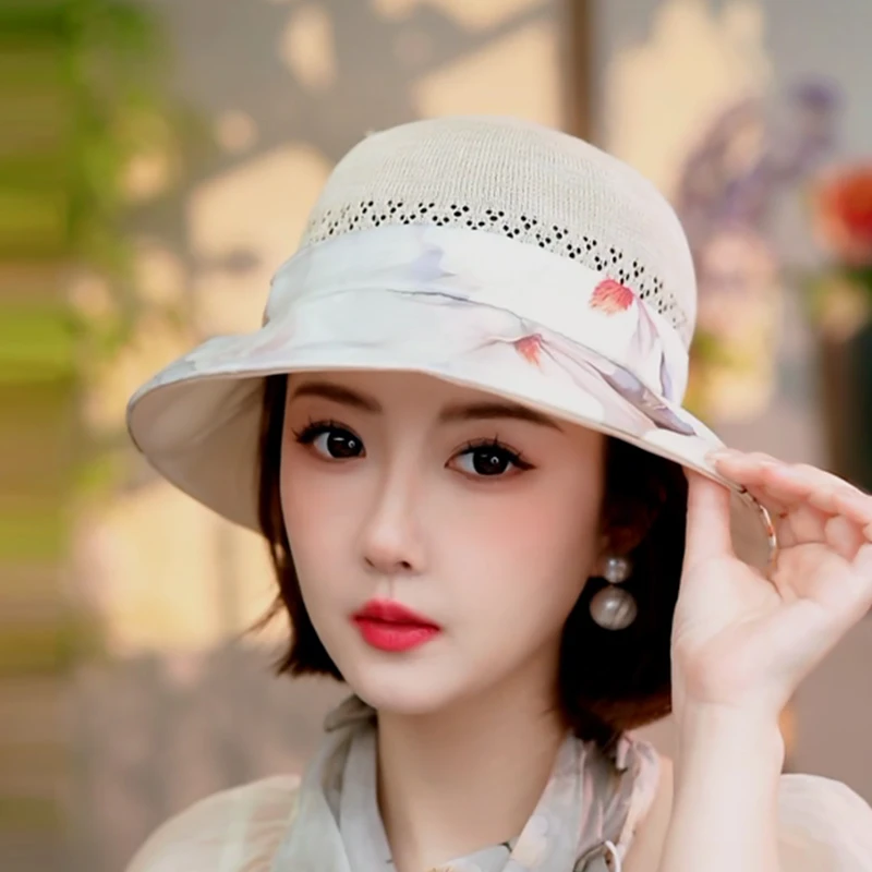 2170春夏真丝遮阳帽竹纤维透气渔夫帽出行旅游田园文艺风编织帽