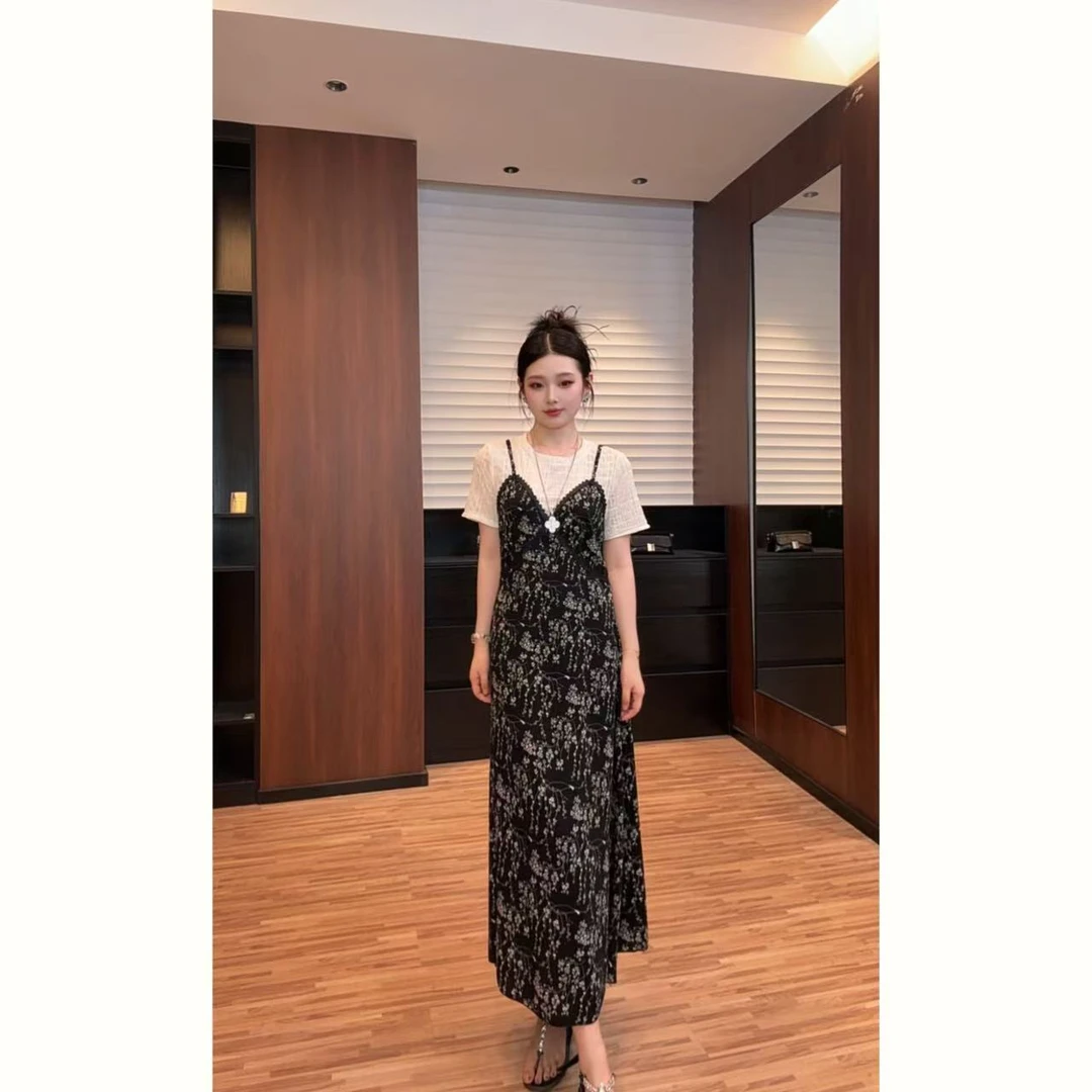 36809假两件小众印花连衣裙圆领泡泡袖休闲时尚百搭显瘦长裙