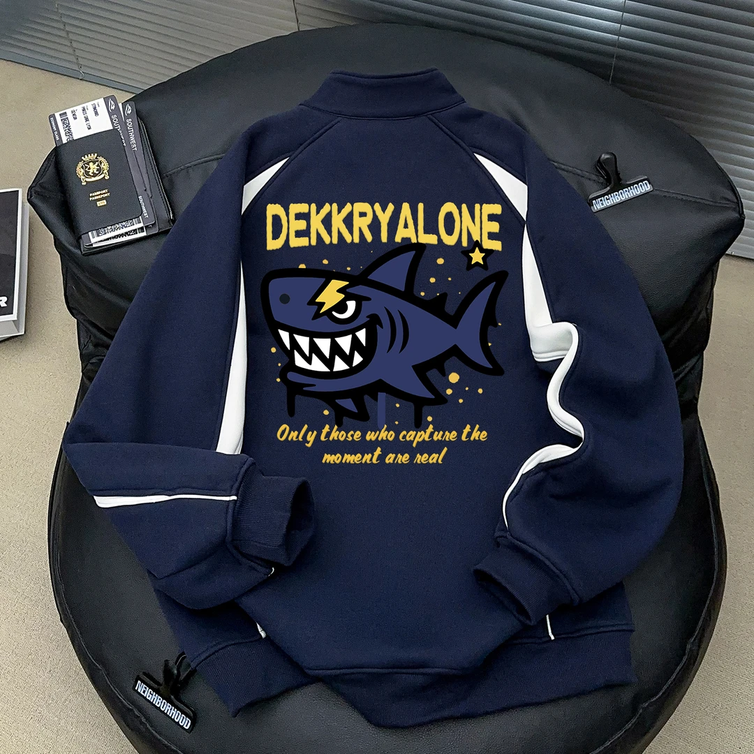 美式潮流个性鲨鱼印花拼接撞色半拉链卫衣男女秋冬季休闲立领上衣