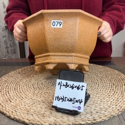 紫砂花盆柴烧双线八方079